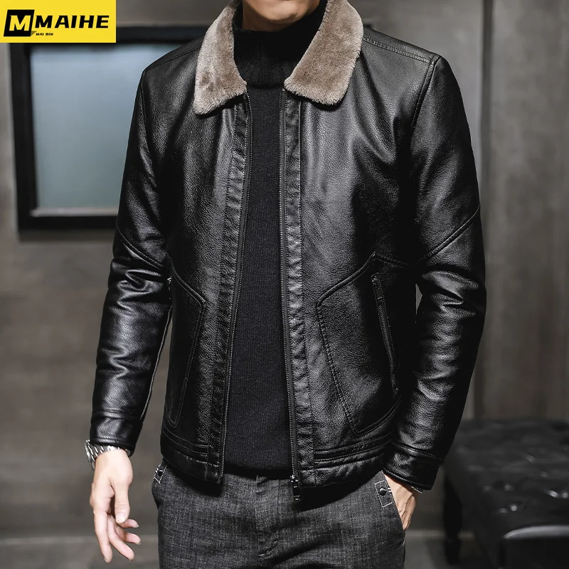 2023 Men's Leather Jacket Thickened Plush Winter Business Casual Slim Fit Square Collar Pu Leather Jacket Fashionable Retro Coat