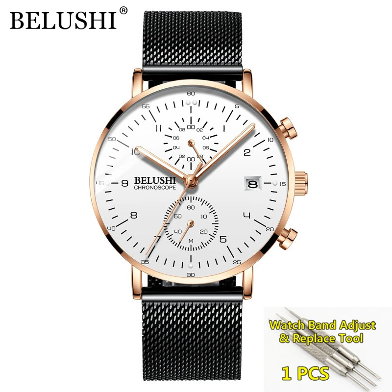 BELUSHI Fashion Top Brand Luxury Ultra-Thin Watch for Men Mesh Steel Sport Watches Men Quartz Waterproof Mens Clock Reloj hombre 