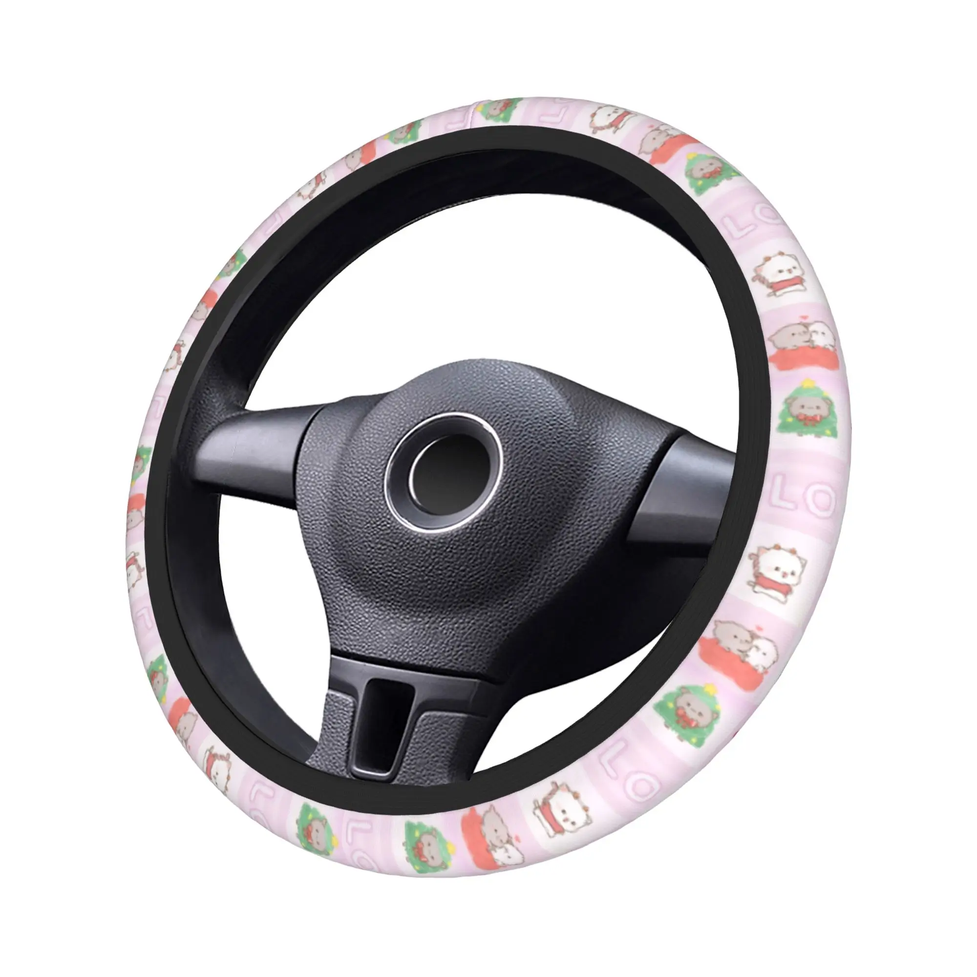 Pink Love Peach & Cartoon Cat Steering Wheel Cover - Auto Car Accessory