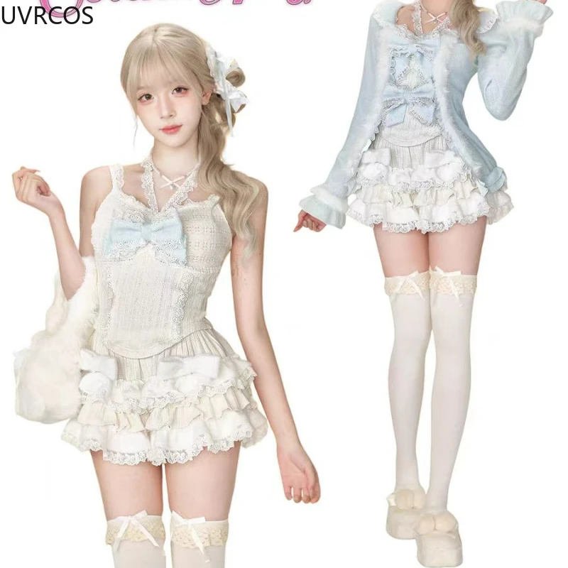 Sweet Lolita Lace Bow Plush Cardigan+ Sexy Slim Fit Strapless Vest Tops+ High Waist Ruched Skirts Early Winter Three Piece Sets 5