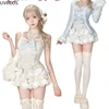Sweet Lolita Lace Bow Plush Cardigan+ Sexy Slim Fit Strapless Vest Tops+ High Waist Ruched Skirts Early Winter Three Piece Sets 5