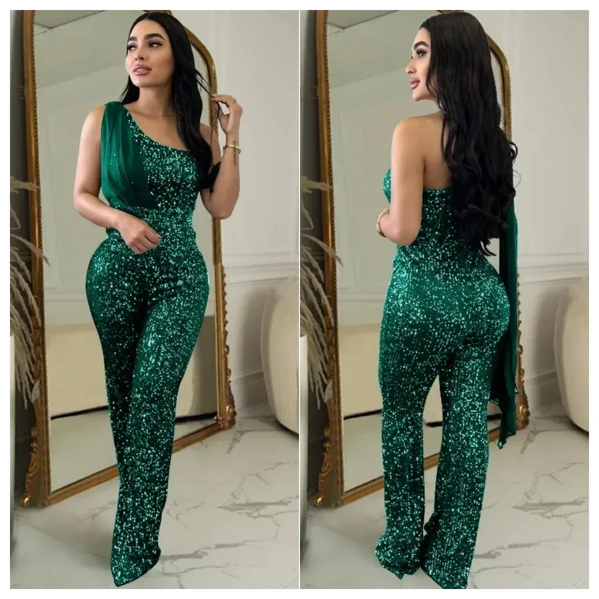 Christmas Party Sequins Jumpsuit Women Sexy One Shoulder Ribbon Sleeveless Backless Evening Banquet Overalls Clubwear Rompers