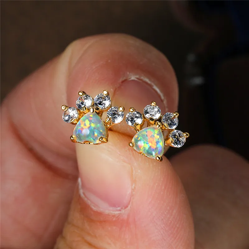 Cute Female Small White Crystal Zircon Stud Earrings Fashion Blue Opal Heart Wedding Jewelry For Women