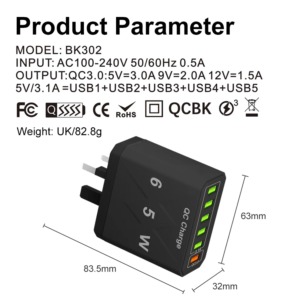 65W High Speed Charger 6 Ports Fast Charging Wall Adapter Quick Charge 3.0 for iPhone 14 13 Xiaomi Huawei Samsung Multi Charger 10 Sd1a89e3ddbdc4328bbc64ef6a1f5e3e9b