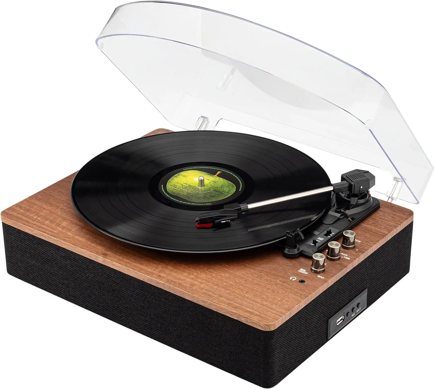 

Retro Wooden Turntable with 3 Speed Vinyl Record , -in Stereo Speakers, Bluetooth, Aux in, USB Playback, & USB Recording to