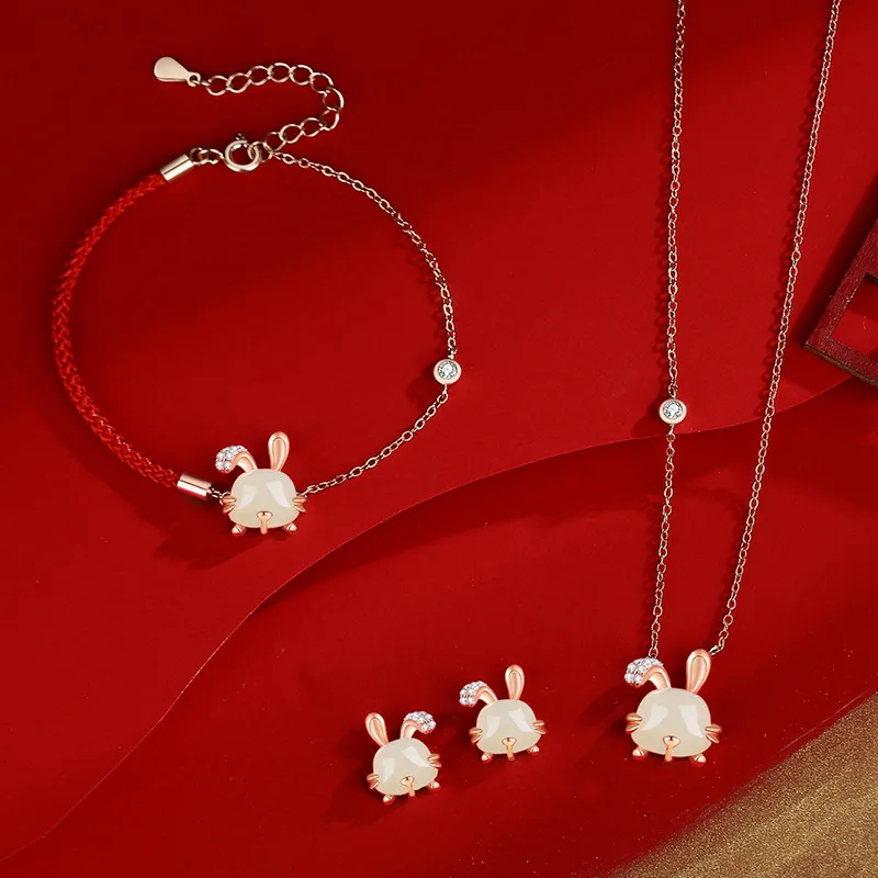 

Original Lucky Jade Rabbit Necklace Bracelet Earrings for Female Retro Unique Design 925 Sterling Silver Jewelry Sets