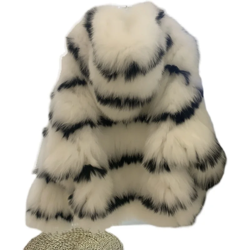 Fashion 2023 Winter New Fox Fur Young Coats Women's Hooded Fur Long Sleeve Contrast Color Round Neck Pocket Zipper Coat