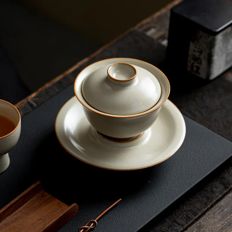 Beige Ru Kiln Three Cover Bowl Retro Open Piece Large Tea Infuser Household Ceramic Kung Fu Tea Set Bowl