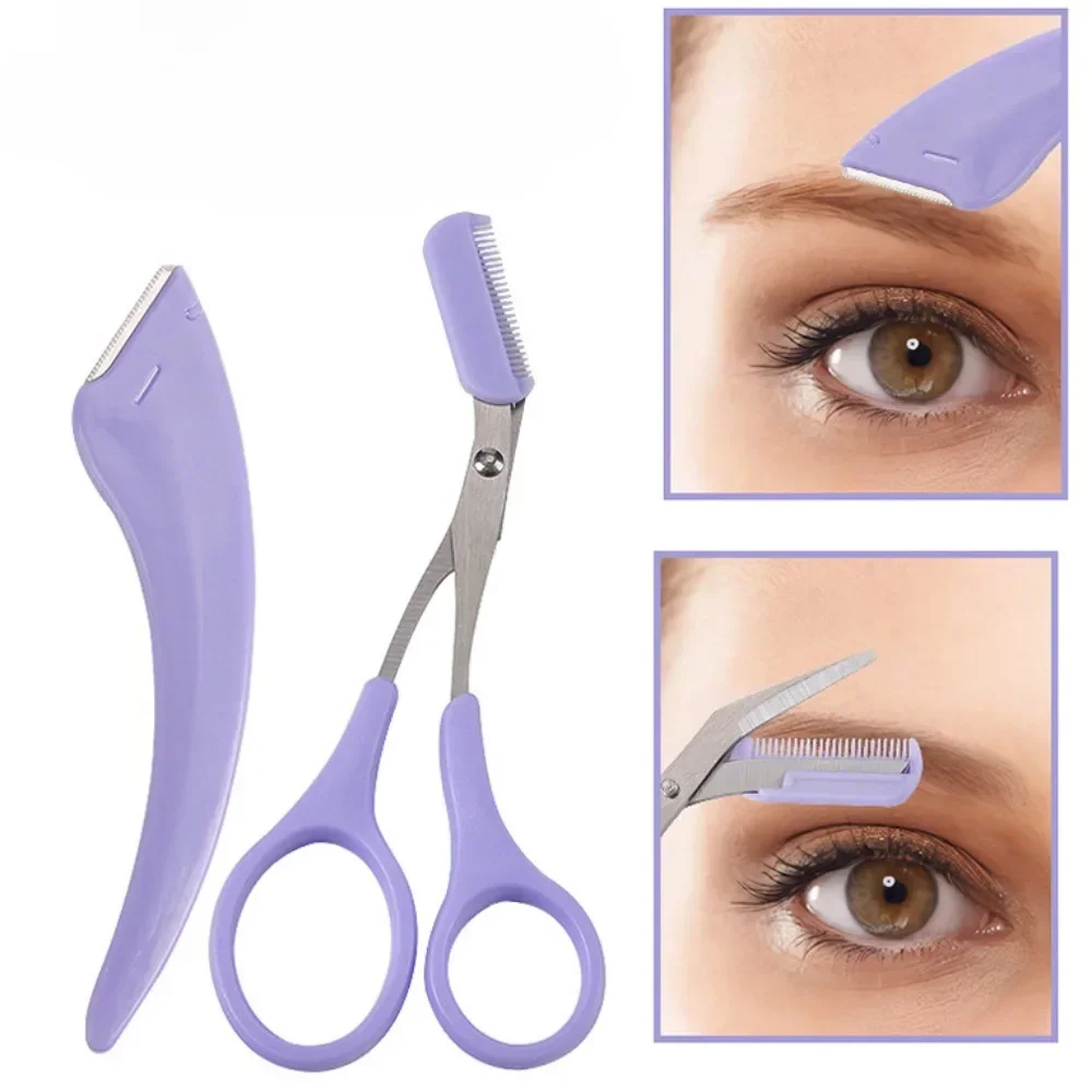 Stainless Steel Eyebrow Trimmer Set 2PCS Portable Eyebrow Scissors with Comb Brow Knife Hair Removal Razor Facial Makeup Tools