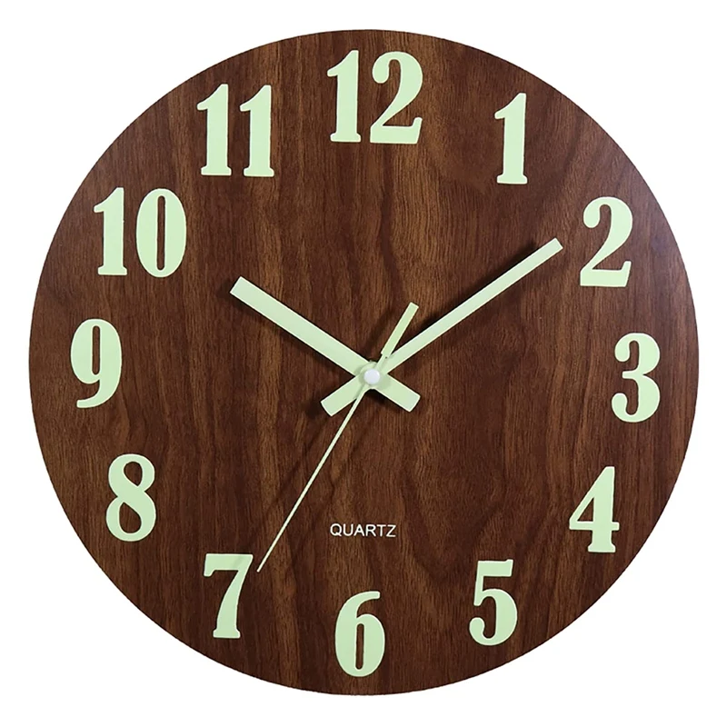 Luminous Wall Clock,12 Inch Wooden Silent Nonticking Kitchen Wall