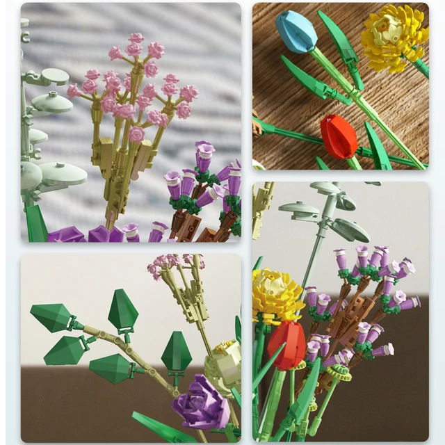 Technical Ideas Flowers Bouquet Building Blocks Moc Romantic Rose Flower Bricks Home Decoration DIY Toys for Girl Birthday Gift 6