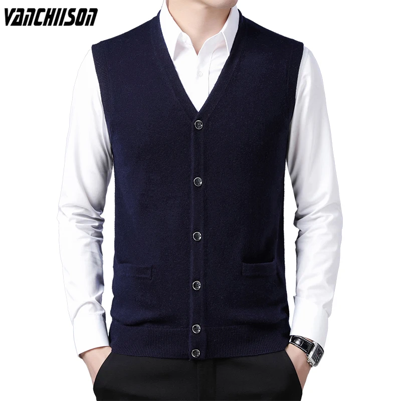 

Men 100% Wool Knit Vest Sleeveless Jacket V Neck Buttons Down Pockets Basic for Autumn Winter England Style Casual 00282