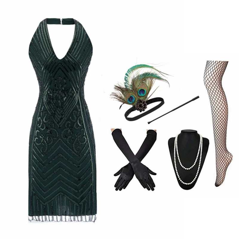 Xs-Xxxl Vestido De Mujer Donna 1920S 20S Grande Gatsby Ispirato Perline Di Paillettes Flapper Verde Mini Abito/Accessori Set