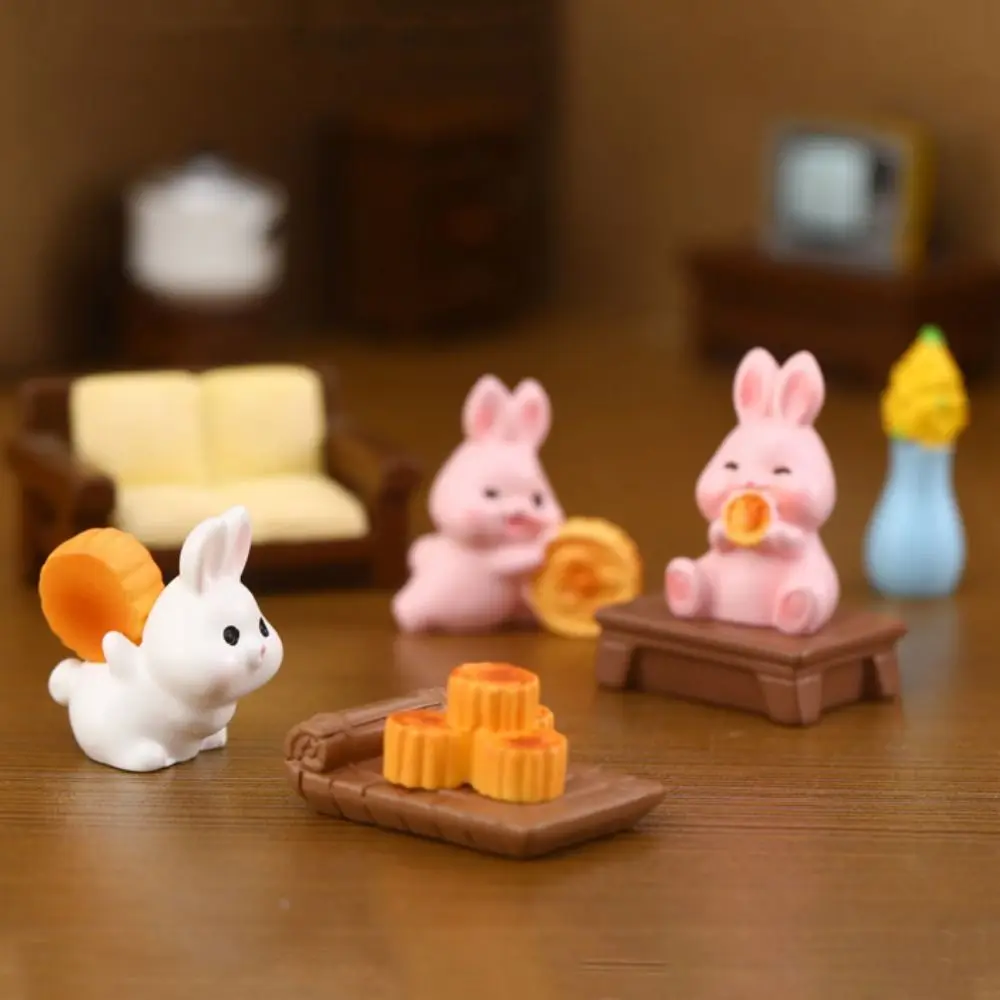 귀여운 토끼 미니어처 입상, 중추절 옥 토끼 월병 연꽃 마이크로 풍경 장식, 송진 공예 