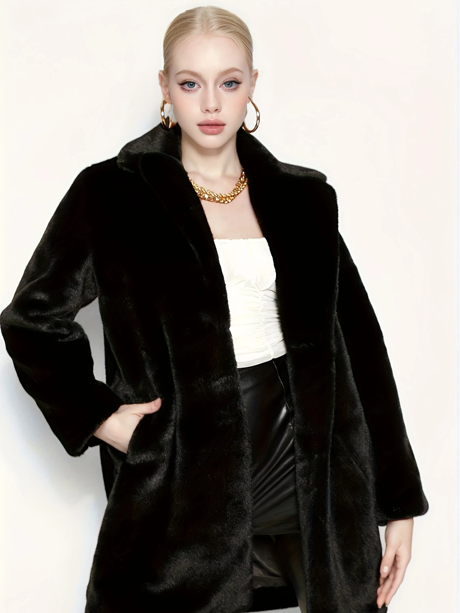 Elegant Directional Faux Rex Rabbit Fur Coat for Women - Mid-Length Solid Color Coat ,Fall Winter Casual Commuter Outerwear