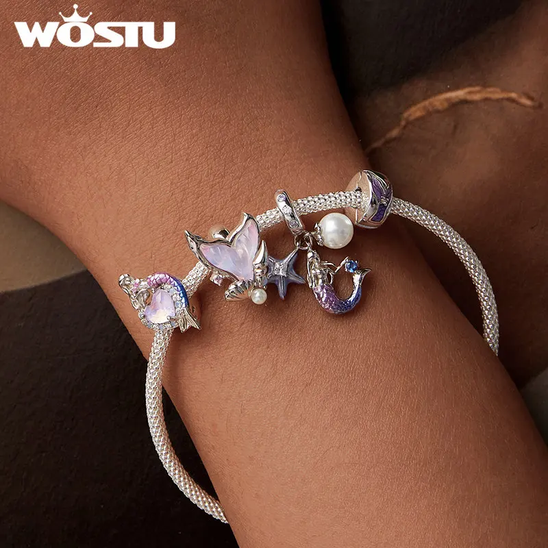 WOSTU 925 Sterling Silver Enamel Mermaid Charm Transparent Purple Fish Tail with Pearl Fit DIY Bracelet Gift for Mother's Day