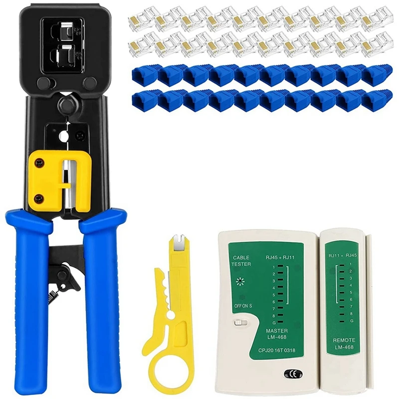 

Обжимной инструмент RJ45, набор обжимных инструментов сквозь Cat5 Cat5e Cat6 RJ45, 20 шт. коннекторов RJ45 Cat6
