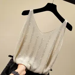 2023 New Summer Sexy Trend Fashion Vertical Bar Hot Diamond V-Neck Sling Sleeveless Loose Relaxed Large Solid Women's T-shirt