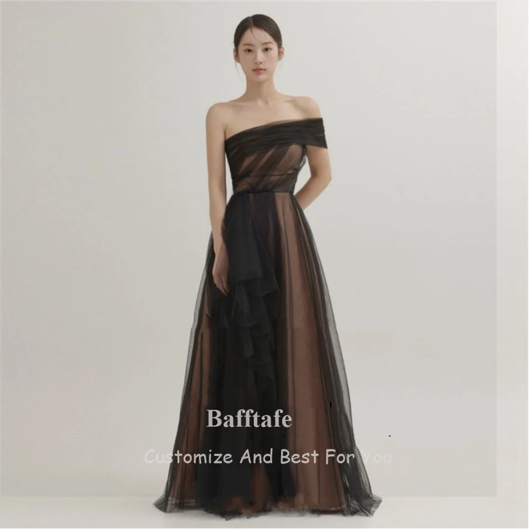 Bafftafe Simple Black Beach Korea Lady Prom Dresses Soft Tulle One Shoulder Floor Length Formal Evening Dress 빅사이즈 파티드레스 2024