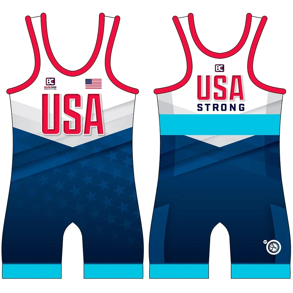 USA Champion Team Men's Wrestling Singlets Swim Suit Gym Kit Tights Gymnastics Clothing Weightlifting Skinsuit Fitness One-piece