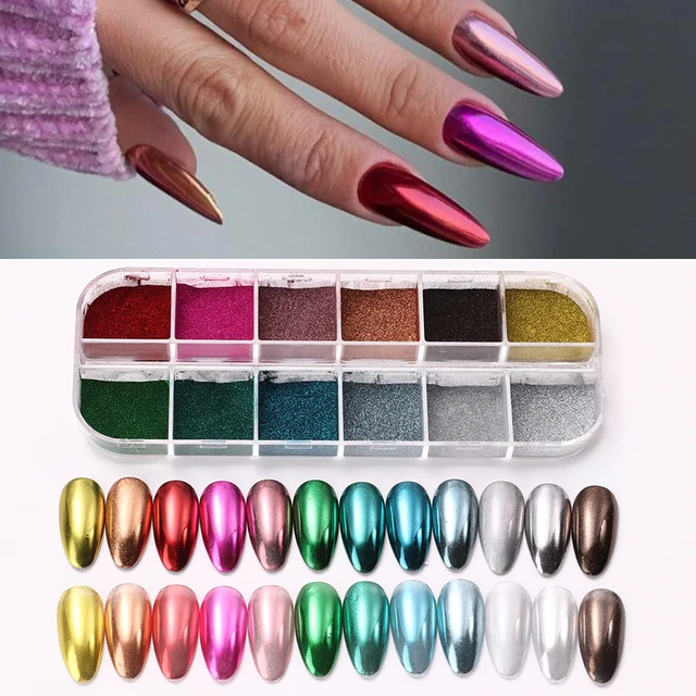 12Colors Nail Glitter Aurora Mirror Powder Chrome Dust Pigment Paint Dip Metallic Shiny With Magic Effect Dust Manicure Design