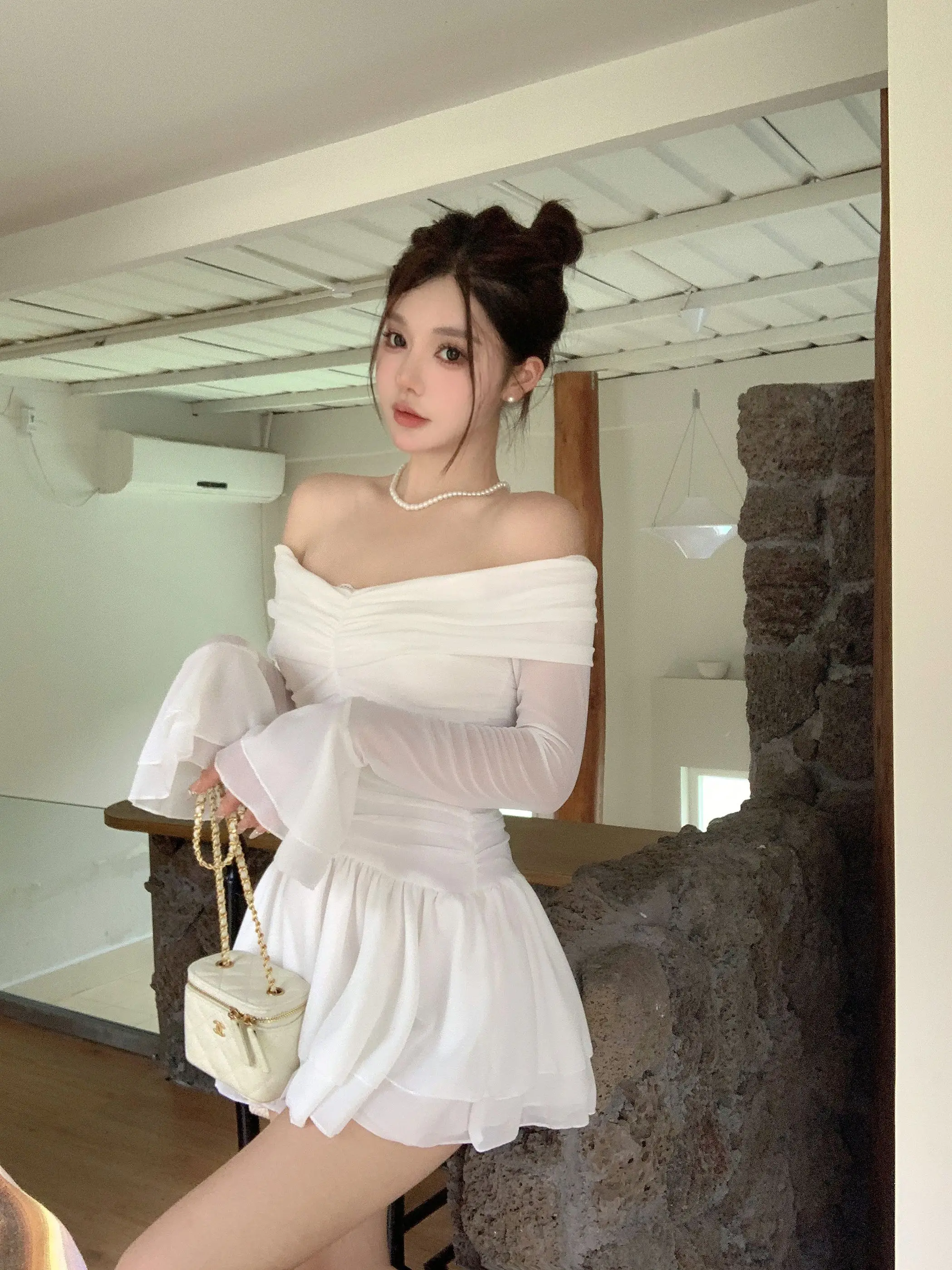 Elegant Mini White Dresses for Women Slash Neck Flare Sleeves Slim Waist Ruffles A-line Korean Fashion Short Vestidos Mujer New