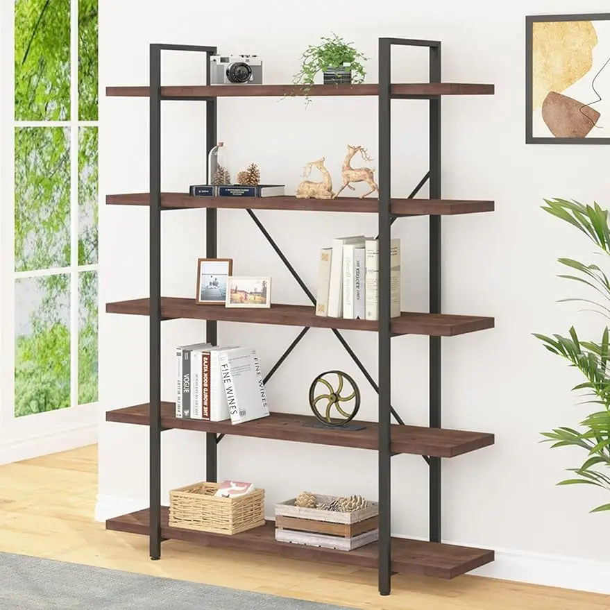 

IBF 5 Tier Solid Wood Bookshelf, Industrial Natural Real Wood Metal Tall Bookcase, Modern Rustic Large Open Book Shelf Storage