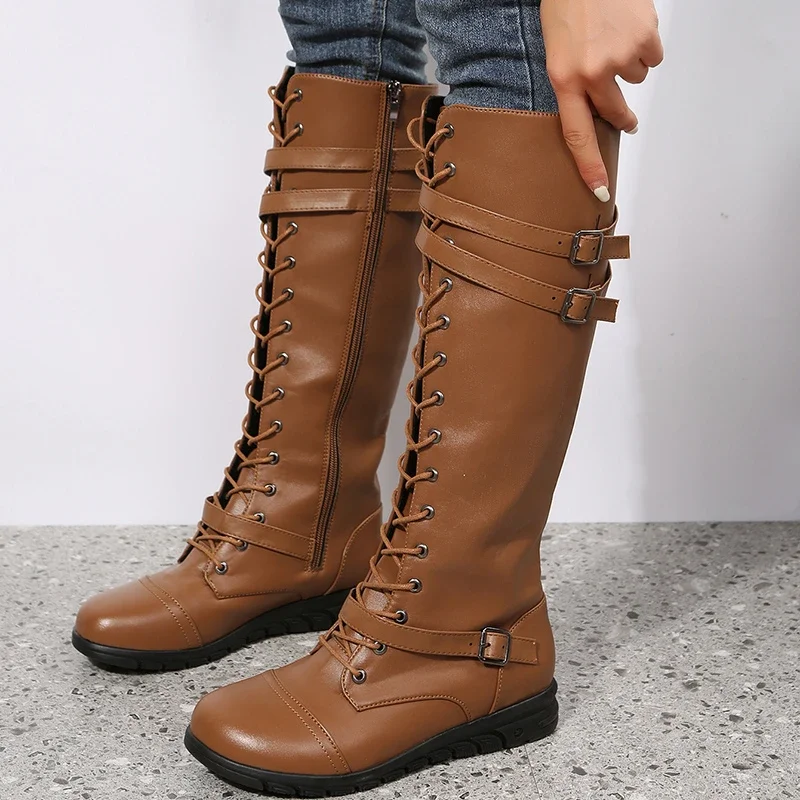 Calf Boots Flat Lace Up Womens Boots Knee-High Boots For