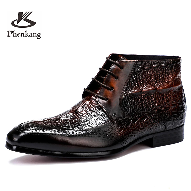 Phenkang Men's Genuine Leather Crocodile Pattern Winter Rubber Ankle Chelsea Boots Brogue Flat Safety Dress Shoes Handmade