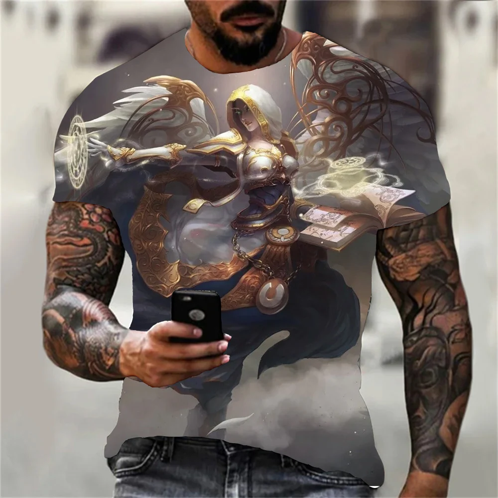 

2024 Men's Personalized Angel Pattern Printed T-shirt Game Characters Pattern Summer Fashion Street Casual Shirt
