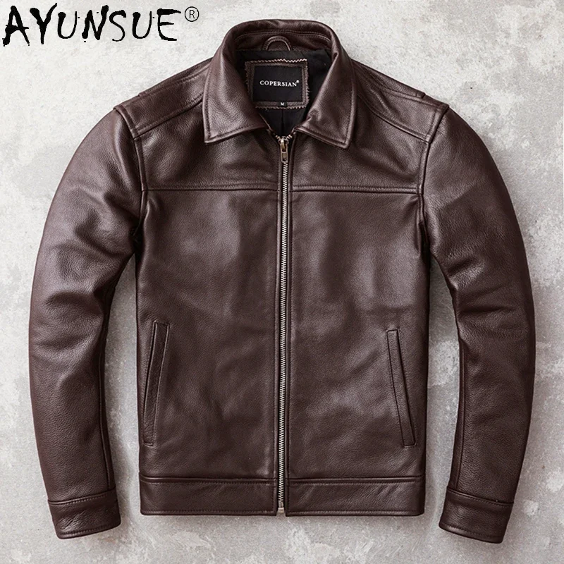 Men Leather Jacket AYUNSUE Men's Real Cowhide Genuine Leather Jacket Autumn Coat