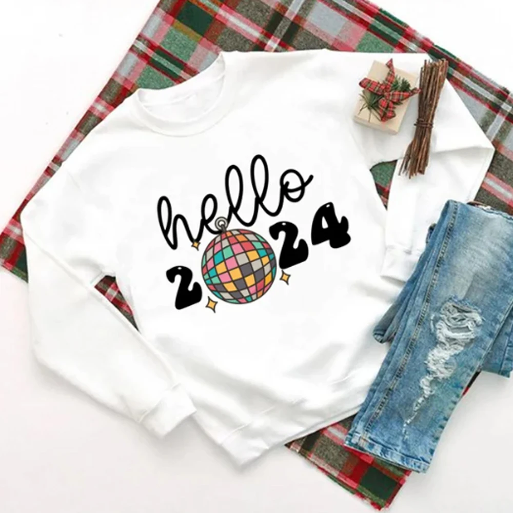 2024 Happy New Year Sweatshirt Festive Party Pullover Women Crewneck Hoodie Gift for Her Sweater Ladies Clothes 2023