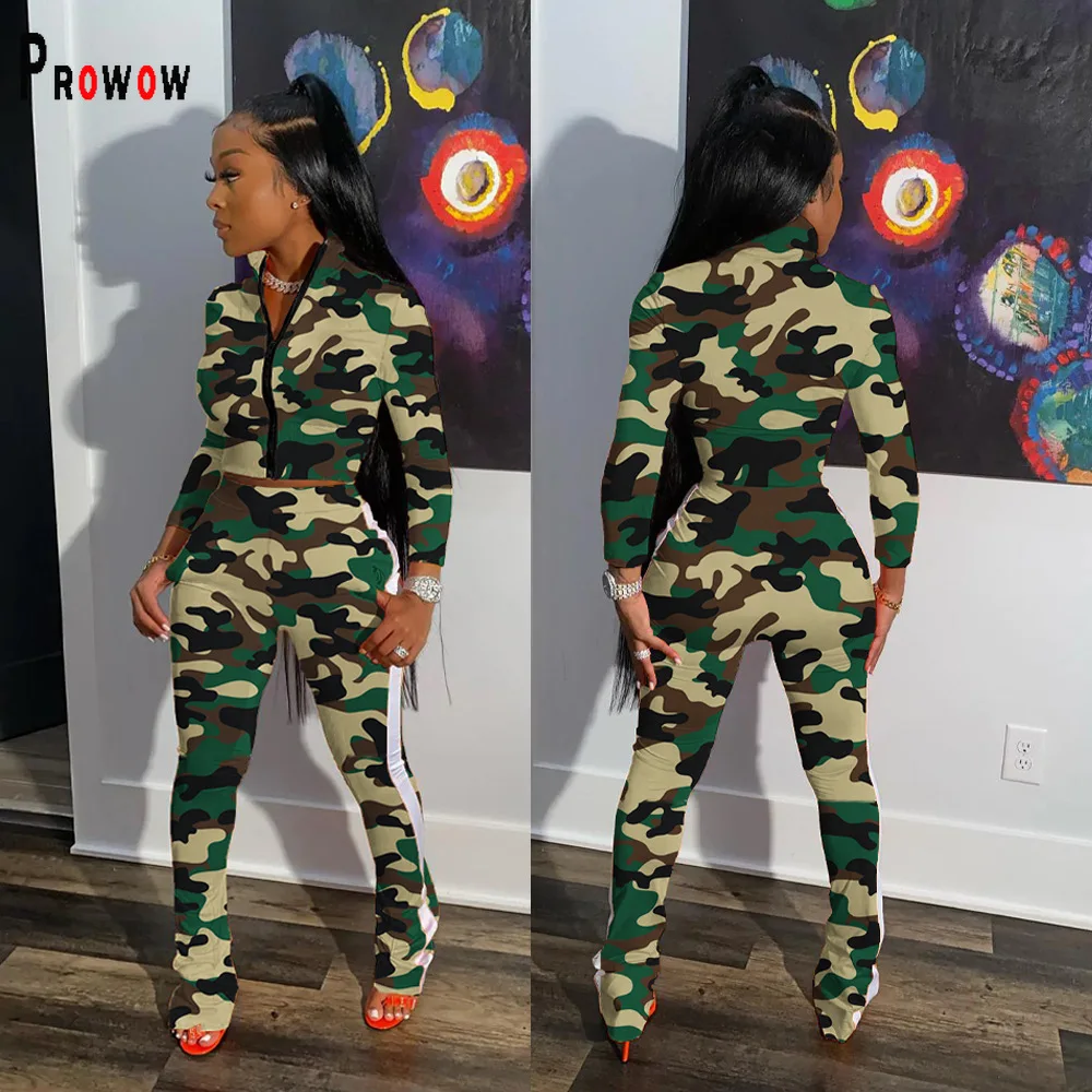 

Prowow Casual Camouflage Print Women's Tracksuits Zipper Coat High Waisted Pant Two Piece Clothing Set Fall Sporty Suits