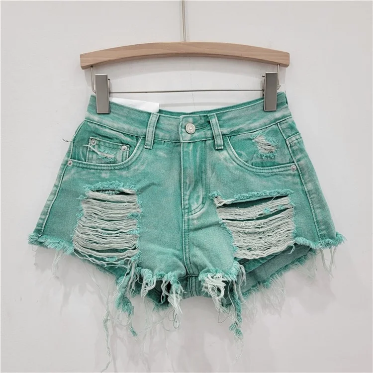 2024 Summer New Streetwear Burrs Tassel Hem Wide Leg Shorts Women's Hole Low Waist Distressed Jeans Shorts