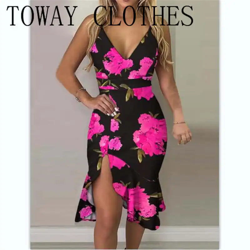 

Summer Dress For Women Sexy Floral Print Slit Ruffle Hem Skinny Midi Dress