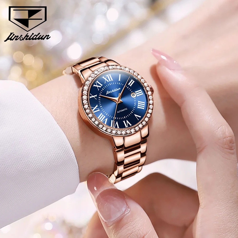 JSDUN Automatic Watch for Women Luxury Roman Scale Rose Gold Diamond Ladies Watches Stainless Steel Mechanical Watch reloj mujer