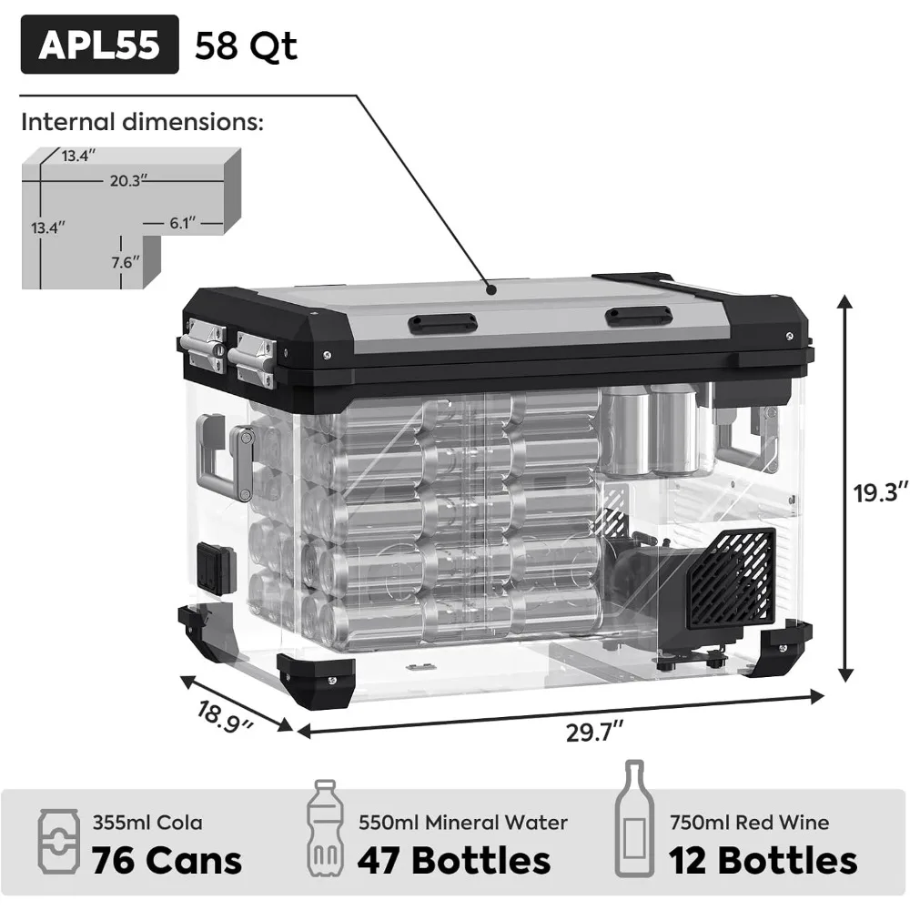 Dual Zone Portable Refrigerator Bluetooth Controlled, 55 Liter 12v refrigerator with SECOP Compresso