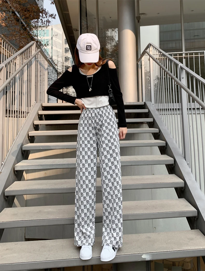 elastic knitted Pants Fashion Women Casual Loose Wide Leg Trousers Retro Straight Trousers Hip-hop Unisex Streetwear capri pants