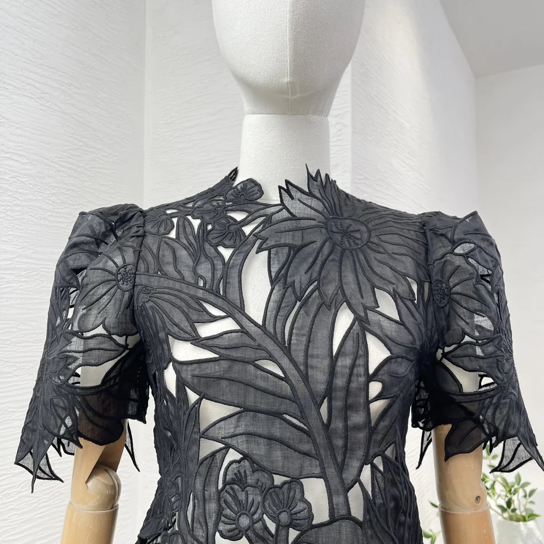 Ramie 2024 New Summer Fashionable Black Embroidery Hollow Out Short Sleeve Women All-matching White Blouse Tops