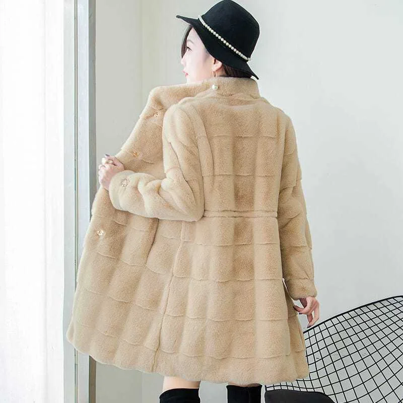 2023 New Women Winter Faux Fur Coat Mid Length Version Furs Overcoat Loose Adding Jacket Artificial Fur Collar Outwear