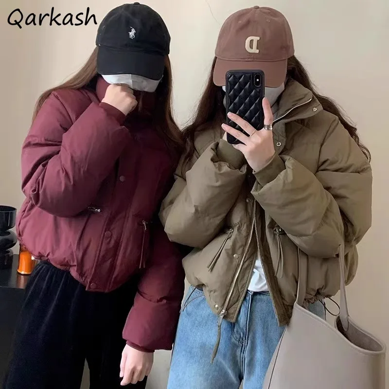 여성용 시크 솔리드 숏 다운 파카, 스탠드 칼라 얼짱, 두꺼운 보온 지퍼 포켓, 올 매치 심플, 가을, 겨울, 신상