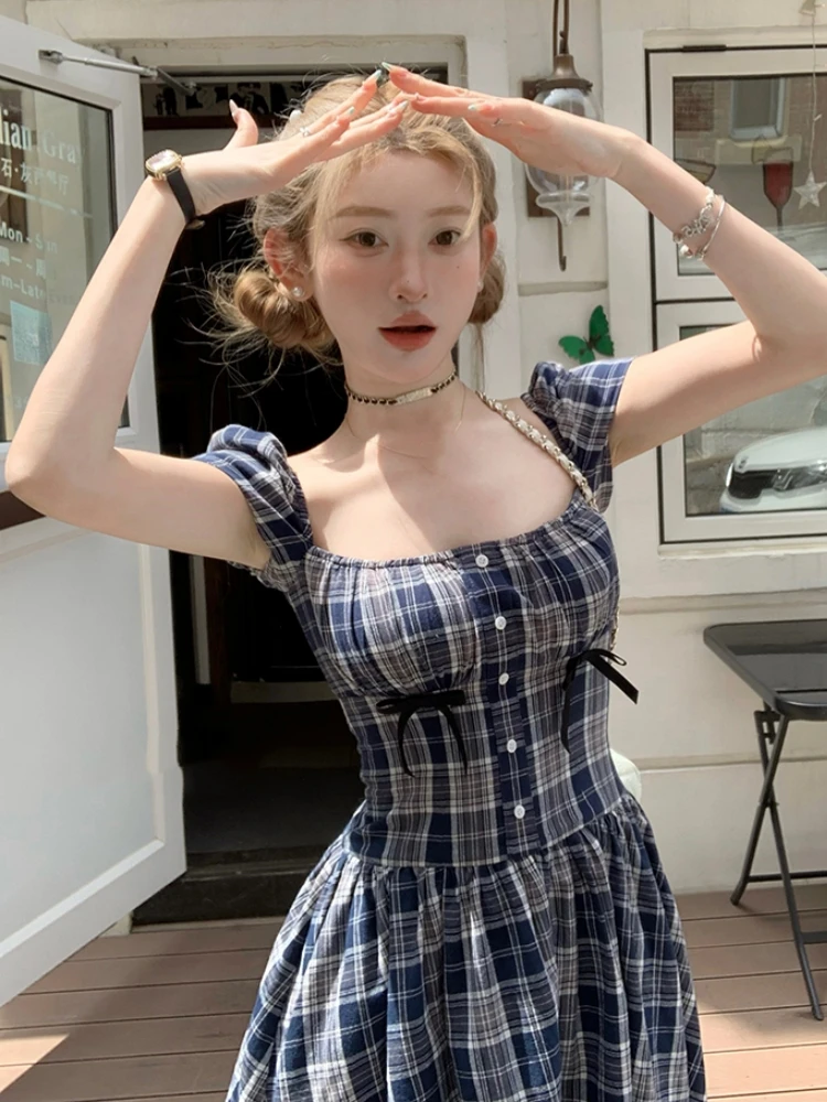 Y2K Plaid Short Dresses for Women Princess Birthday Party Dress Puff Sleeve Square Collar Bow Prom Summer Mini Vestidos Mujer