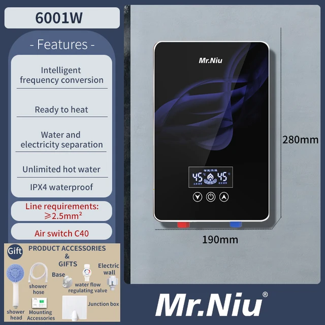 Chauffe-eau électrique instantané douche salle de bain à la demande eau chaude 220-240V 6001W LED affichage numérique température automatique 1