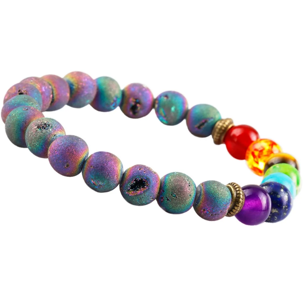 SUNYIK Rainbow Titanium Coated Druzy Crystal Geode 7 Chakra Healing Gem Stone 8mm Beaded Bracelet