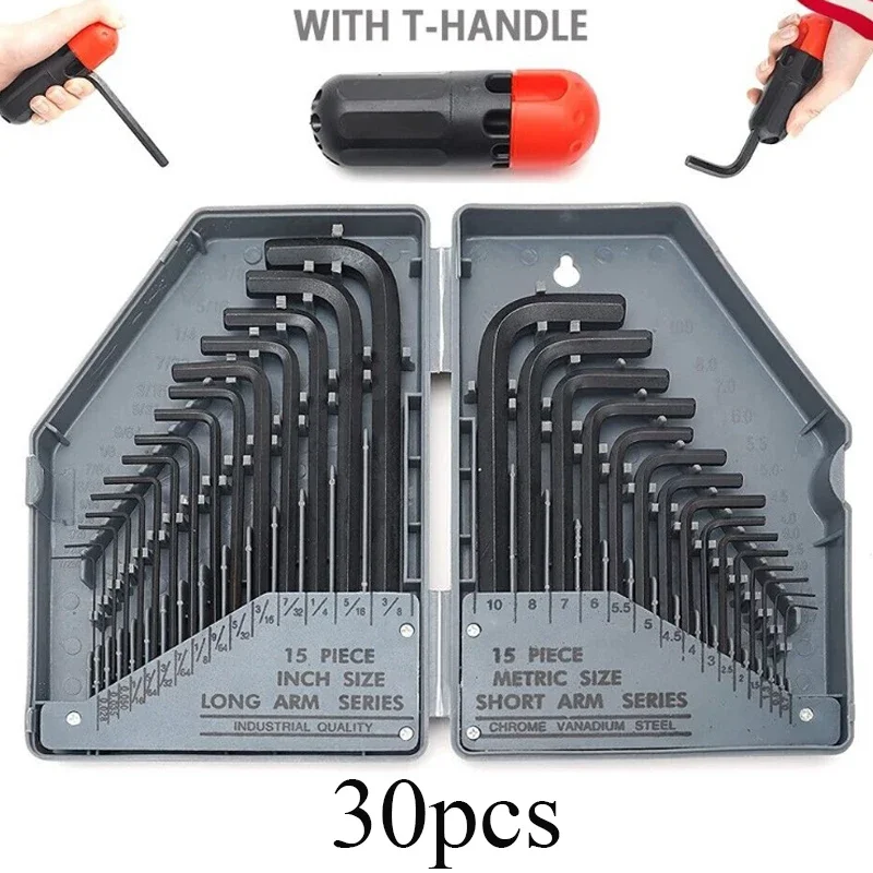 

30Piece Hex Key Allen Wrench Set 0.7mm-10mm SAE Metric Assortment L Shape with Handle Steel Spanner Long Short Arm Hand Tool Box