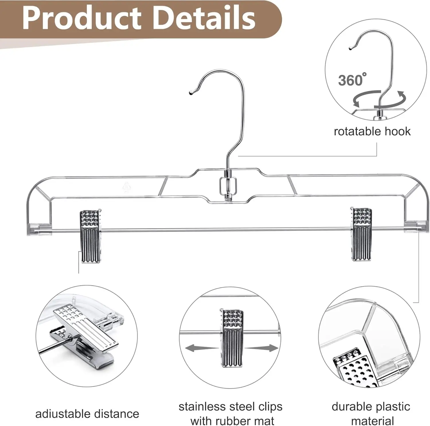 12 Pack 14 inch Clear Plastic Skirt Hangers with Adjustable Clips, Pants Hangers 360-Rotating Swivel Hook,Clip Hangers for Pants 6