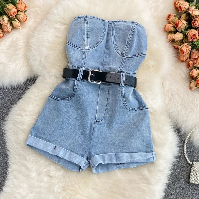 

Women Clothing Jumpsuit Spring Summer Strapless Denim 2023 New Fashionable Loose High Waist Wide Leg Pants Shorts Jumpsuit