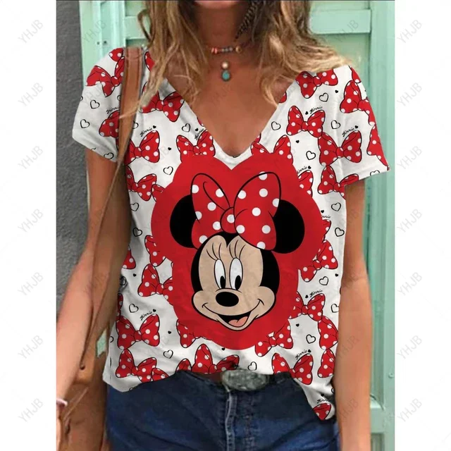 thumbnail image 1 of Camisetas de cuello en V de verano de dibujos animados de Disney Minnie 2024 para mujer, camisetas casuales de gran tamaño con estética de Mickey en 3D, camisetas de moda Harajuku, 1 of 5