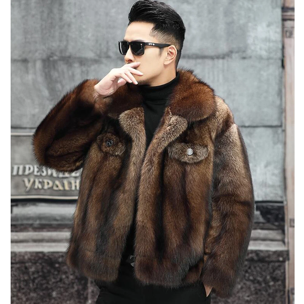 Denny&Dora Mens Brown Mink Fur Coat Leather Jacket Fur Jacket Winter