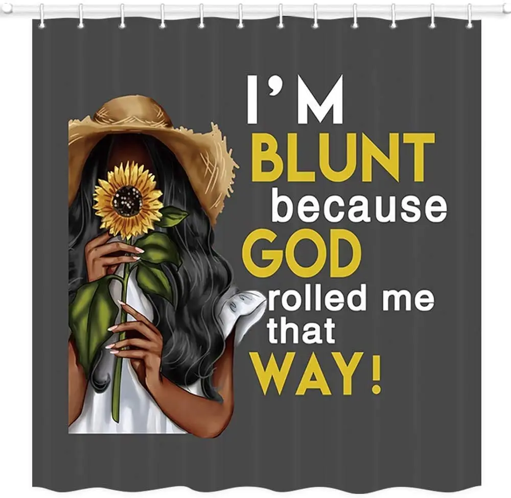 

Black Girl Shower Curtain African Women Girl Holding Sunflower Inspirational Quotes Polyester Fabric Bath Curtains with Hooks